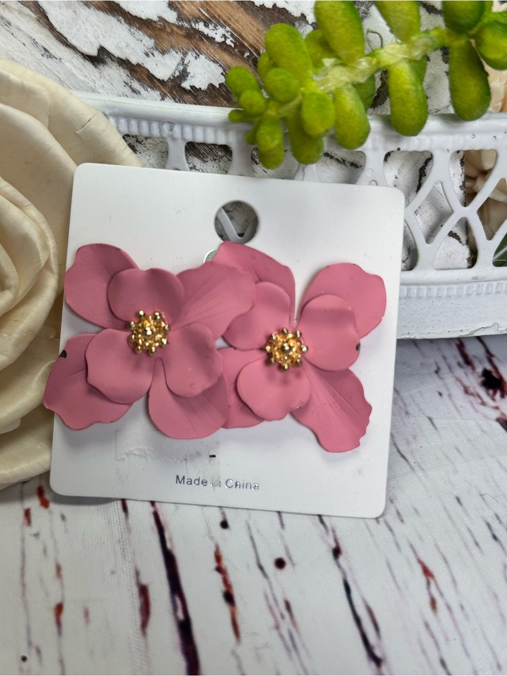 Pink 3D Flower Statement Earrings Gold Rhinestone Center Floral Studs NWT